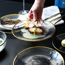 Ins популярный стеклянный золотой тонкий egde посуда прозрачная тарелка и миска для ужина рис beaf блюдо