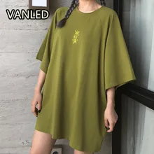 О-образный вырез свободный оверсайз короткий рукав вышивка письмо зеленая фиолетовая Женская хлопковая Футболка уличная одежда