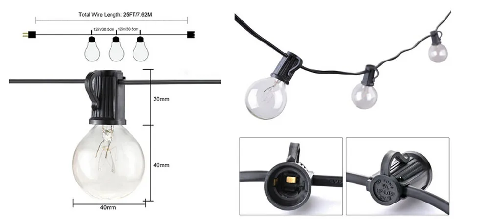 25Ft G40 круглые лампочки, гирлянды с 25 прозрачными лампочками, подвесные украшения для ресторана, сада, патио, вечерние