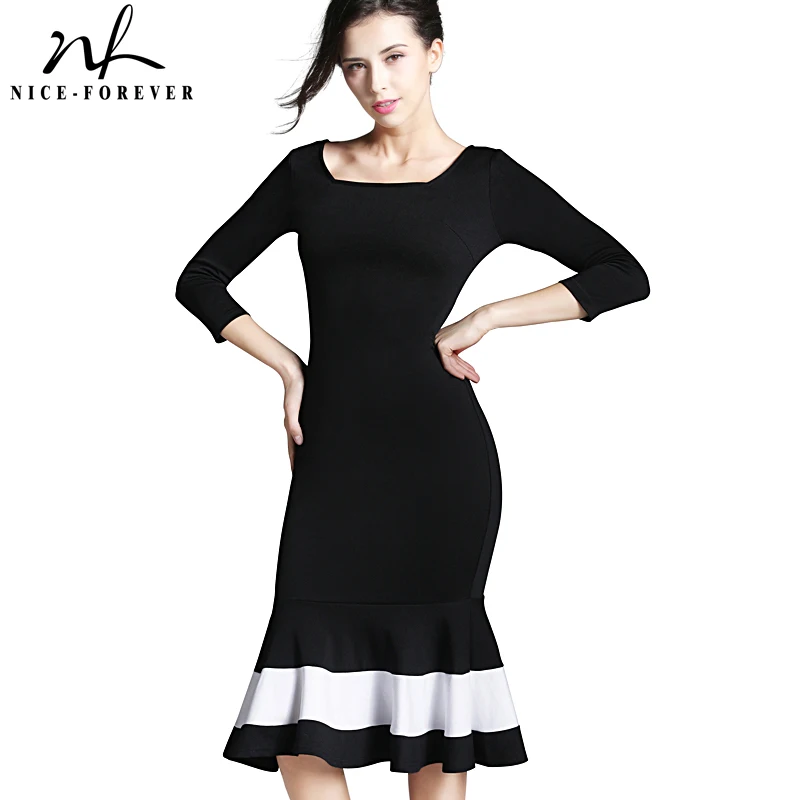 

Nice-Forever Business Work Dress Elegant Mermaid Office 3/4 Sleeve Women Sheath Black Bodycon Female Formal Slim Dress B233