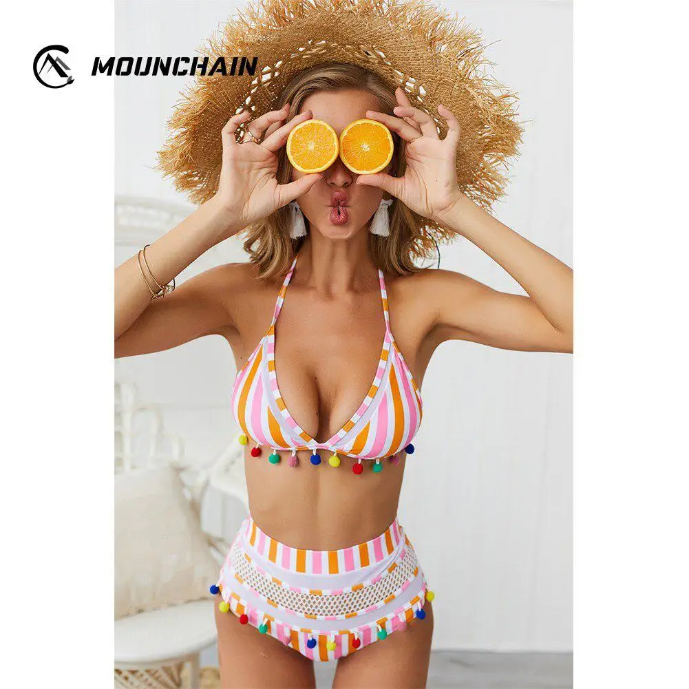 

New Hot Women Sexy Swimwear Mesh Tassels Swimming Suits Stripes Printing High Waist Bikini Set Swimsuit Summer Bathing Suit