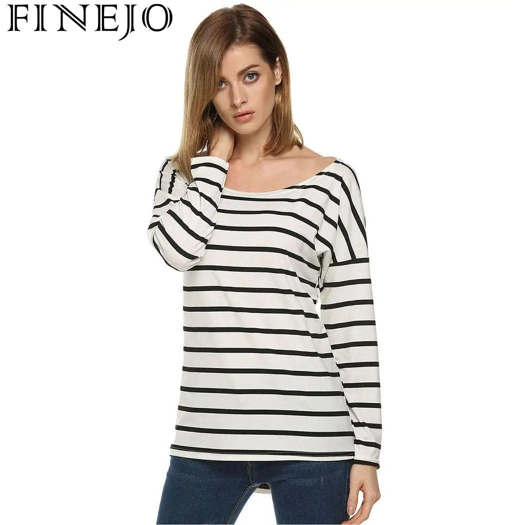 FINEJO Casual Female Shirt 2018 Women Top shirt Autumn Spring T-shirt Loose Striped O-Neck Long Sleeve Leisure Women T-shirts Tops