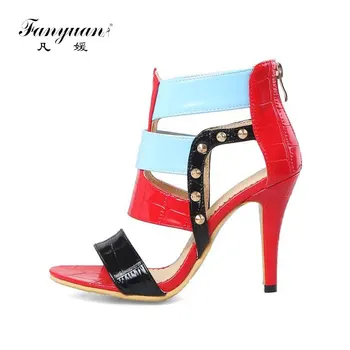 

fanyuan Women Sandals High Heels Peep Toe Gladiator Shoes Summer Thin Heels Sexy Shoes Blue Rivet Zip Stiletto Plus Size 33-46