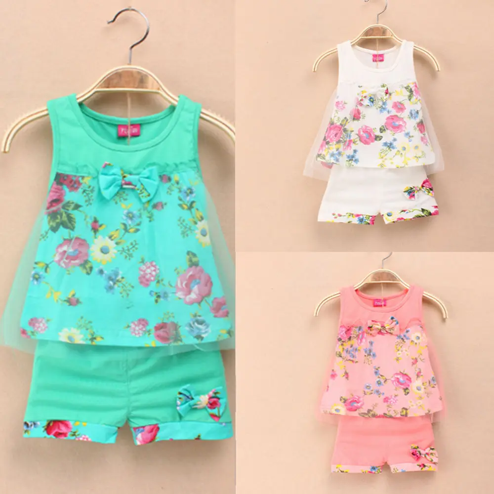 

2pcs Baby Kids Girls Summer Tops T-shirt Vest + Shorts Pants Flower Bow Cotton 2pcs Outfit Set Girl 1-5 Years