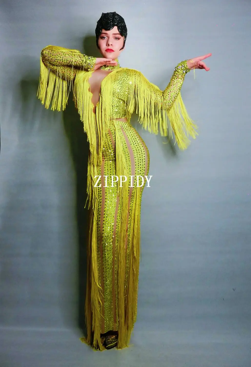 

Fashion Yellow Fringes Rhinestones Dress Lady Evening Sexy Long Dress Prom Birthday Celebrate Stretch Tassel Dresses