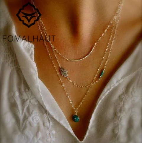

FOMALHAUT Simple Multilayer Hand Fatima Evil Eye Fatima Bar Necklace Long Strip Pendant Necklaces Women 2015 Jewelry XJ-39
