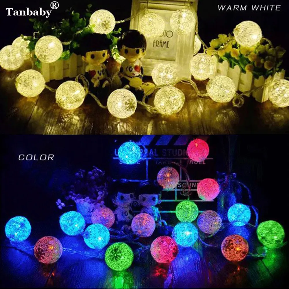 Tanbaby 10PCS Color Lace Rotton Balls LED String Light Warm White 6CM Clover Ball Fairy Lights For New Year Christmas Luces Deco Tanbaby 10PCS Color Lace Rotton Balls LED String Light Warm White 6CM Clover Ball Fairy Lights For New Year Christmas Luces Deco