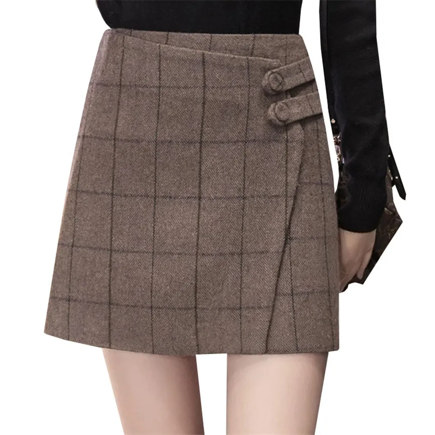 Осенне-зимняя женская клетчатая юбка новая шерстяная юбка с высокой талией сексуальная приталенная Короткая мини-юбка женская короткая юбка Saias AB627 - Цвет: Хаки