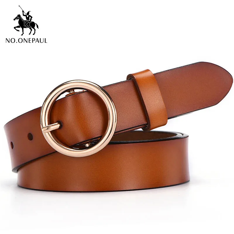NO.ONEPAUL Women's simple and generous leather belt gold noble round alloy material pin buckle youth girl student waist belt - Цвет: YQ01 brown gold