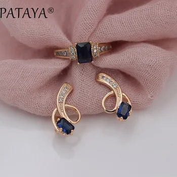 

PATAYA New Arrivals Exclusive Design 585 Rose Gold Long Earrings Rings Sets Square Dark Blue Natural Zircon Women Ethnic Jewelry