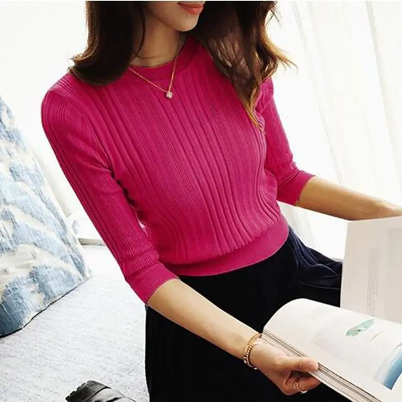 

OHCLOTHING The new 2019 half sleeve cotton Crewneck sweater female sleeve head sleeve shirt five solid tight sweater thin repair