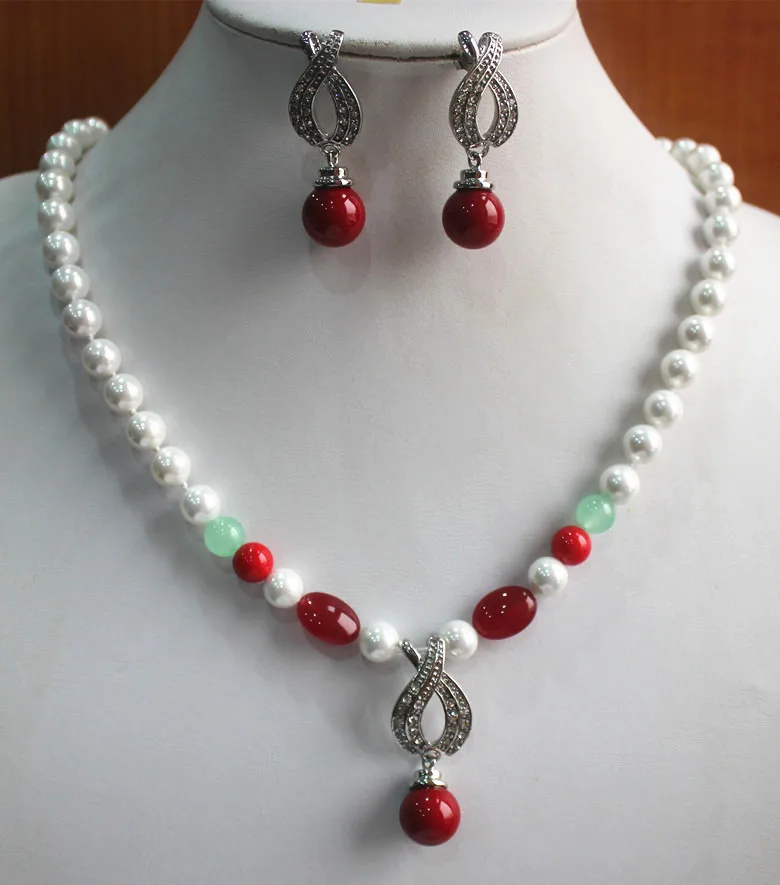 

designed 8mm white shell pearl necklace decorated with red and green jade mathc 14mm red pearl earrings for gift 5.31