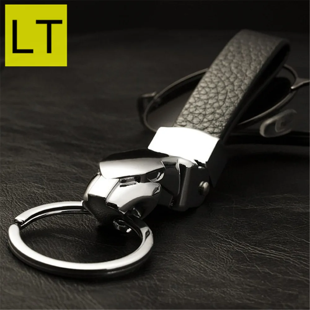 

Stainless Steel Metal Leopard Head Leather Keychain For Man Women Keyrings Holder Car Black Keychains High Quality Gift Q-003