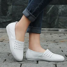 Новые летние женские туфли из дышащего материала из натуральной Кожаная обувь на плоской подошве женские Повседневное без каблука женские лоферы белые кожаные женская обувь на плоской подошве