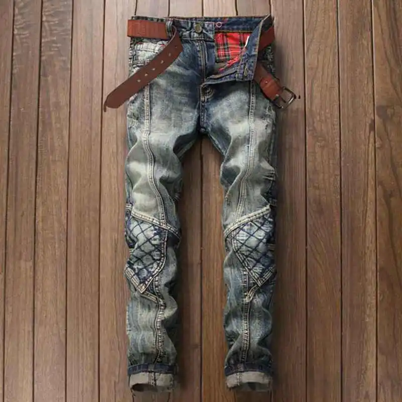 

Men's Retro Plaid Patchwork Biker Jeans Brand Designer Distressed Vintage Washed Denim Pants With Patch Pleated Jeans For Men