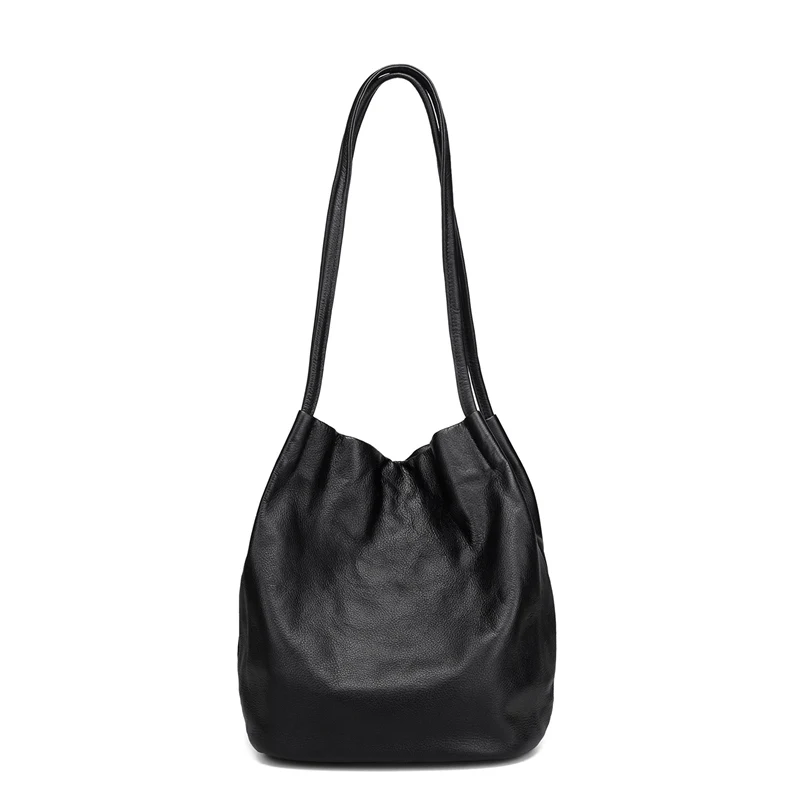 SUNNY SHOP, Женская Роскошная сумка, натуральная кожа, сумка через плечо, мягкая, высокое качество, сумка-слинг, модная сумка-мешок, большая ВМЕСТИТЕЛЬНОСТЬ - Цвет: Black