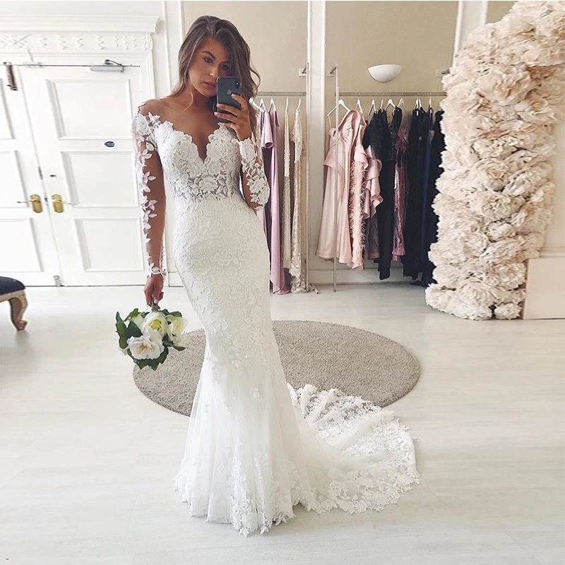 

Eightale Illusion Mermaid Wedding Dresses Boho Long Sleeves Appliques Sexy Bridal Dress Trumpet Style Robe De Mariee