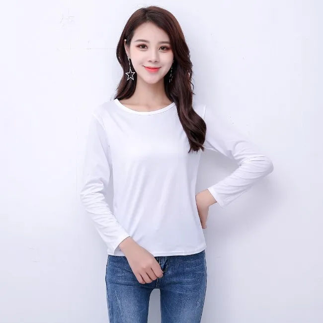 

2019 Autumn Winter Simple Inner Pure White Black Cotton T-shirt Female Long-sleeved Round Neck Slim Thin Bottoming Shirt Women
