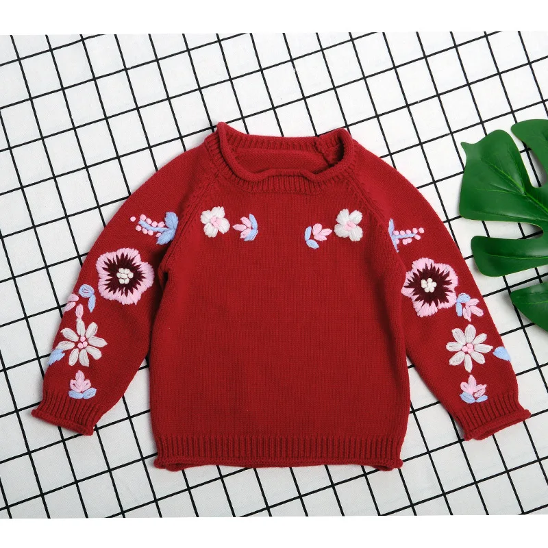 Новинка года; Детские свитера для девочек; вязаные пуловеры с вышитыми вручную цветами; хлопковая детская трикотажная одежда с длинными рукавами; bebes