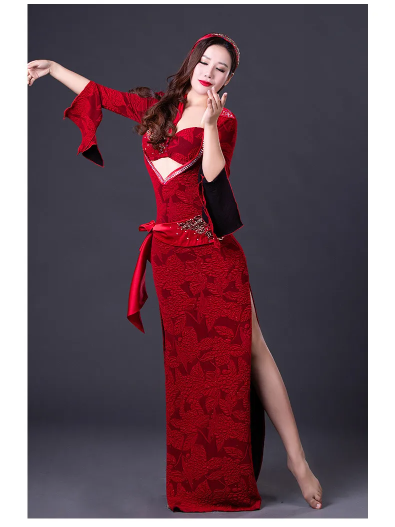 Корейский профессиональный костюм для танца живота для женщин, индийский танцевальный халат, комплект из 5 предметов, одежда для сценического шоу, фиолетовый, королевский синий, красный, M, L