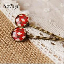 SUTEYI Scottish Lattice flower red cross Cabochon glass hairpins for girls Style Bronze Hair Clips handmade