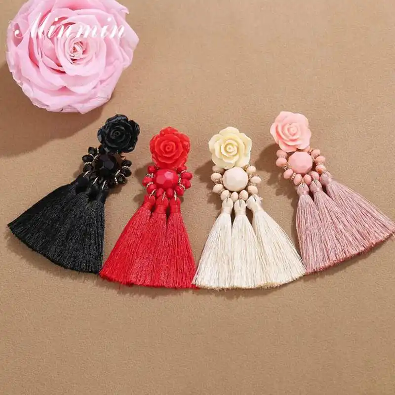 

Minmin Rose Fringed Tassel Earrings for Women Girls Summer Statement Bohemian Ethnic Big Drop Earrings Fashion Jewelry MEH1484
