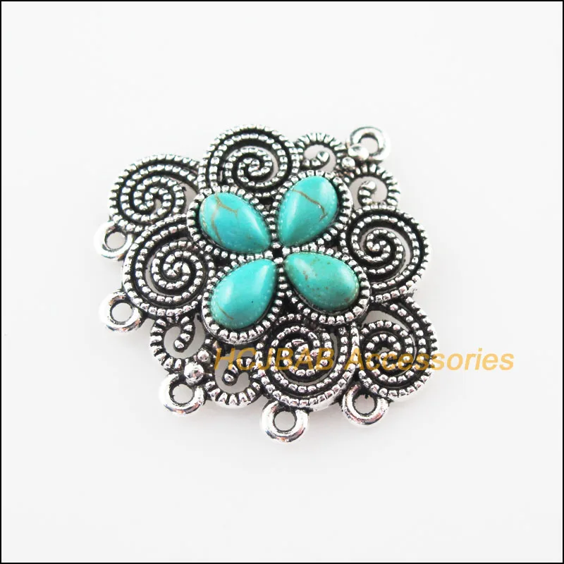 

3 New Flower Charms Connector Stone Tibetan Silver Pendant Retro 29x30mm