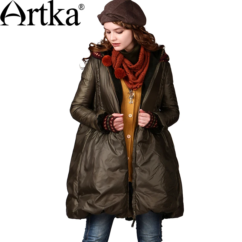ARTKA Women Coat Long Down Jacket Female 90% Duck Down Parka With Hood 2018 A-Line Thick Winter Down Coat With Gloves ZK17240D ARTKA Women Coat Long Down Jacket Female 90% Duck Down Parka With Hood 2018 A-Line Thick Winter Down Coat With Gloves ZK17240D