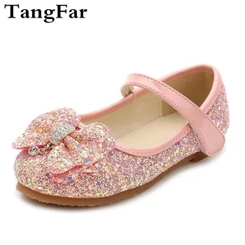 

2018 Autumn New Girls Sequin Princess Bow Moccasins PU Leather Flat Heel Party Non-slip Shoe For Children Glitter Loafers
