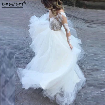 

Custom Made Vestido de Noiva Excellent Tulle Bateau Neckline Long Sleeves A-line Wedding Dress Bridal Gown Robe De Mariee