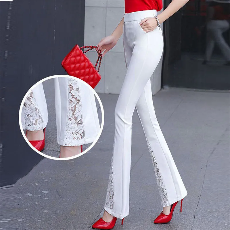 Elegant Office Lady Lace Embroidery Stitching Flared Pants Womens Sexy High Waist Bell Bottom Pants Casual Stretch OL Trousers - Color: White