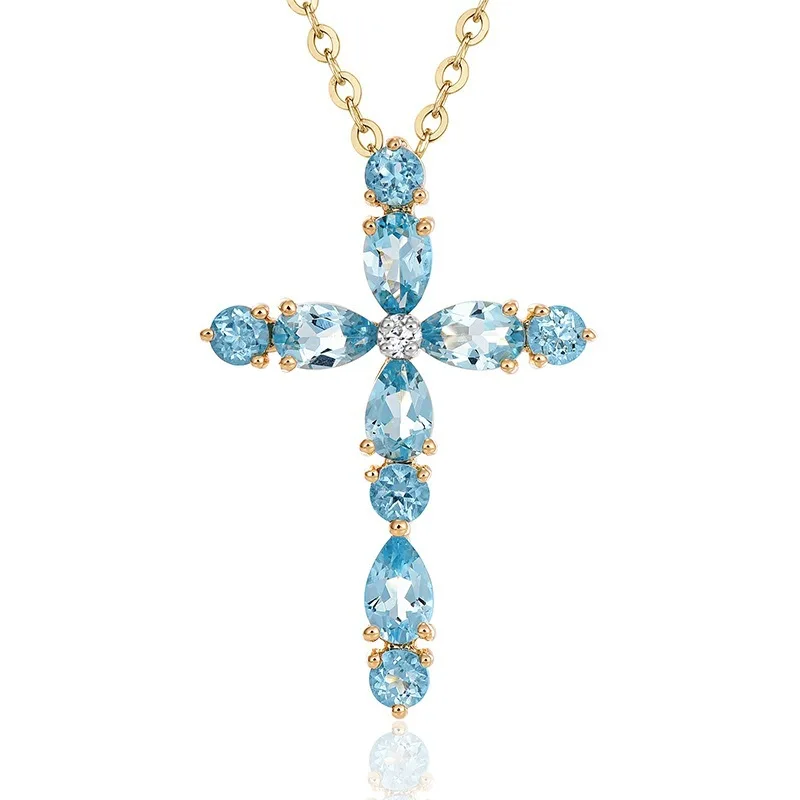 Beautiful Blue Stone CZ Cross Pendant Necklaces For Womenin Pendants