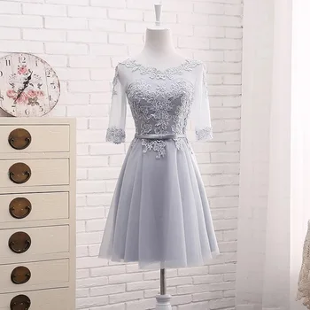 

Short Lace Bridesmaid Dress 2020 New Elegant Wedding Party Dresses Formal Prom Dress robe de soiree Cheap Grey Pink Blue BS05S