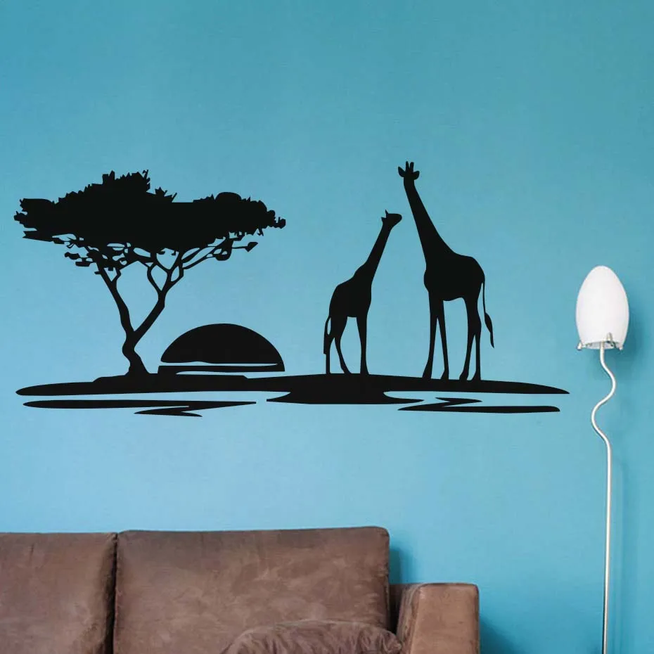 

The giraffes in Jungle Sunset Wall Sticker Vinyl Wall Art Large Home Decor Animal Decal for Living Room Bedroom Mural