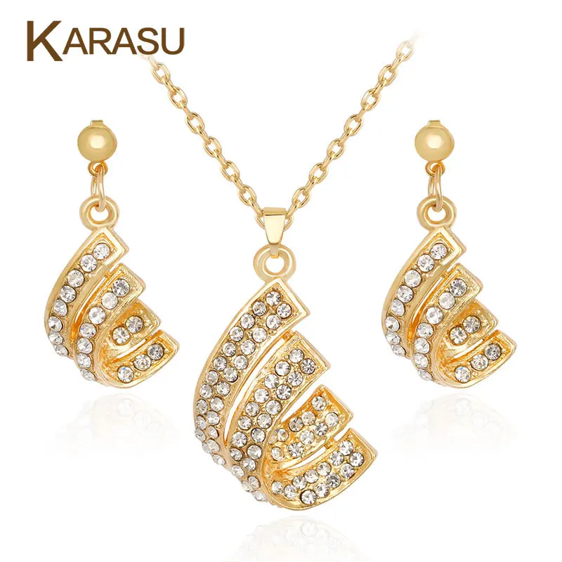 KARASU Geometry Double C Shape Necklace Earrings Gold Color Full