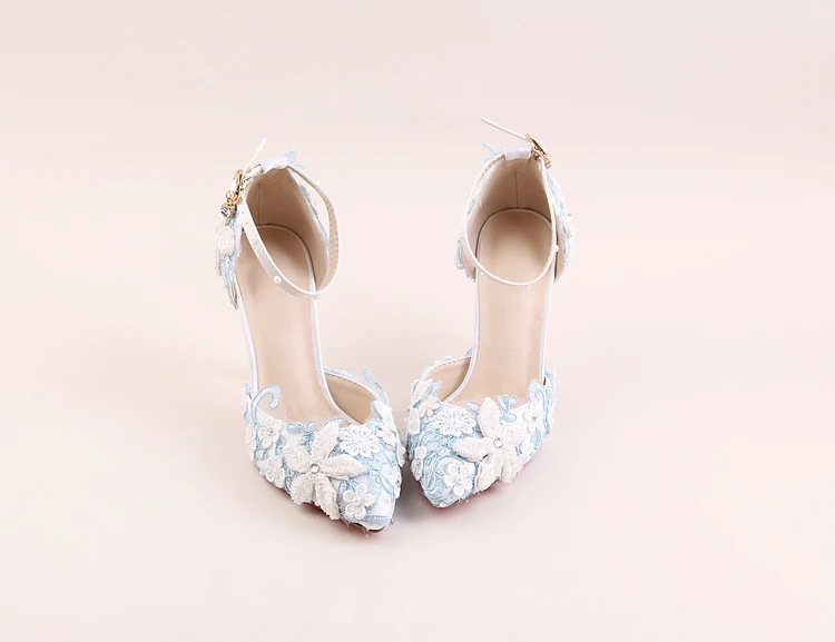 5_2017 Spring Blue Lace Flower Bridal Shoe White Pearl Diamond Rhinestone Wedding Shoes Pointed High Heel Sandals For Ladies