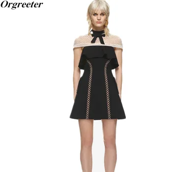 

2018 Summer Sexy Lace Dress Runway Designer Dress Cloak Sleeve Bow Ruffles High Waist Party Dress