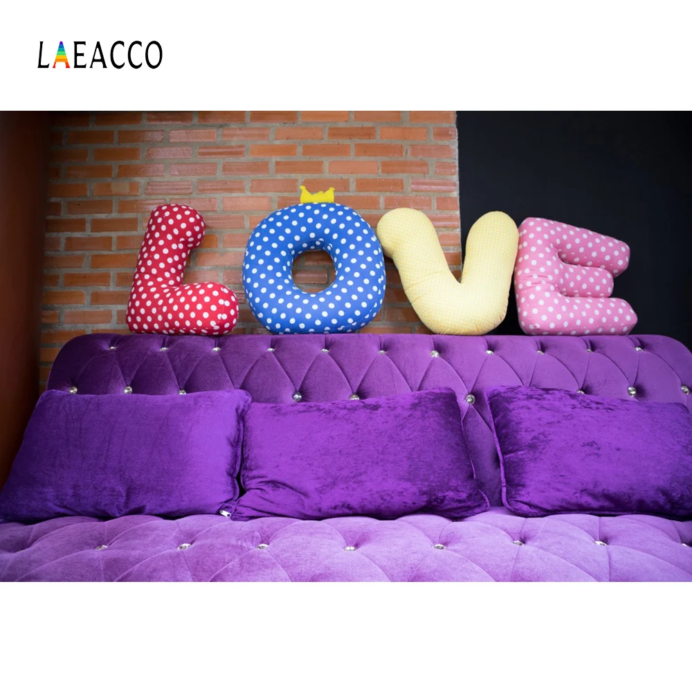 

Laeacco Headboard Surface Blue Love Pillow Bed Brick Wall Interior Photo Backgrounds Photography Backdrop Photocall Photo Studio