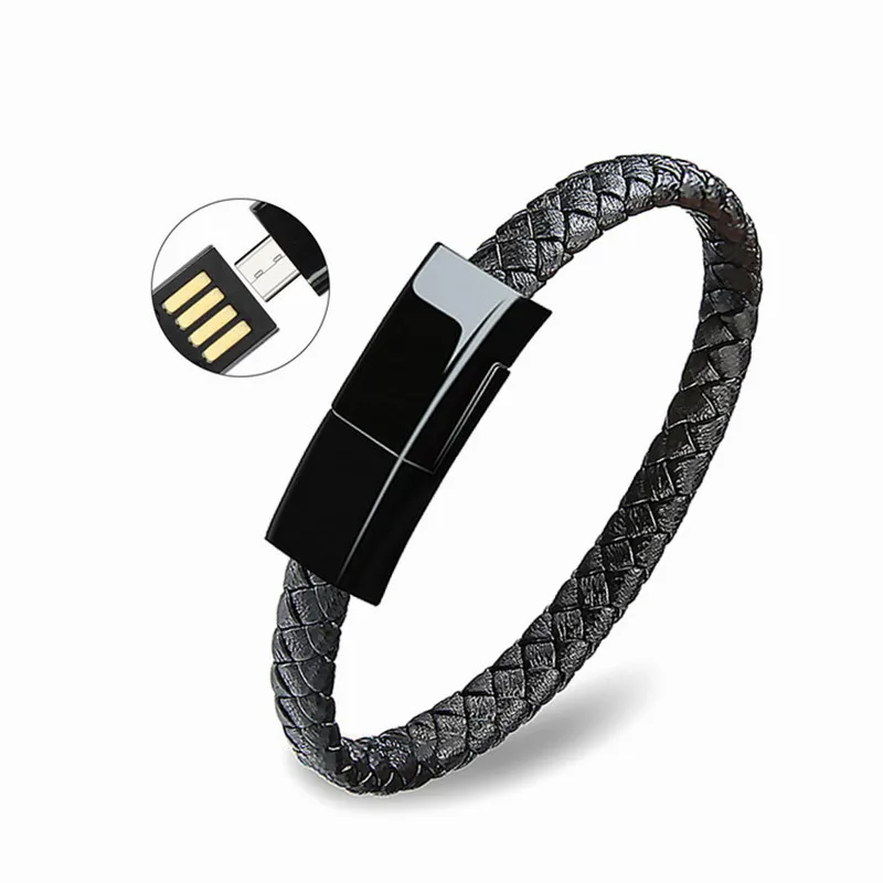 

Outdoor Portable Leather Mini Type C Micro USB Bracelet Charger Cable Fast Charging Data Sync For iphone Xiaomi USB C Wire Cord