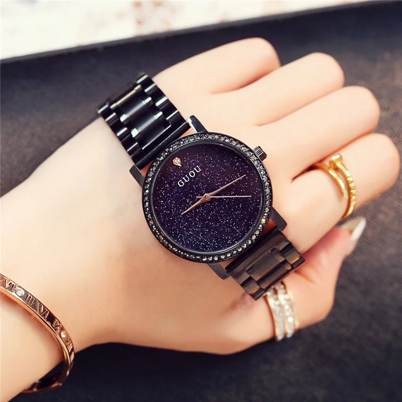 

2017 GUOU Watch Fashion Women Cool Black Sky Star Luxury Stylish Crystal Rhinestones Quartz Watches Big Dial Waterproof Watches