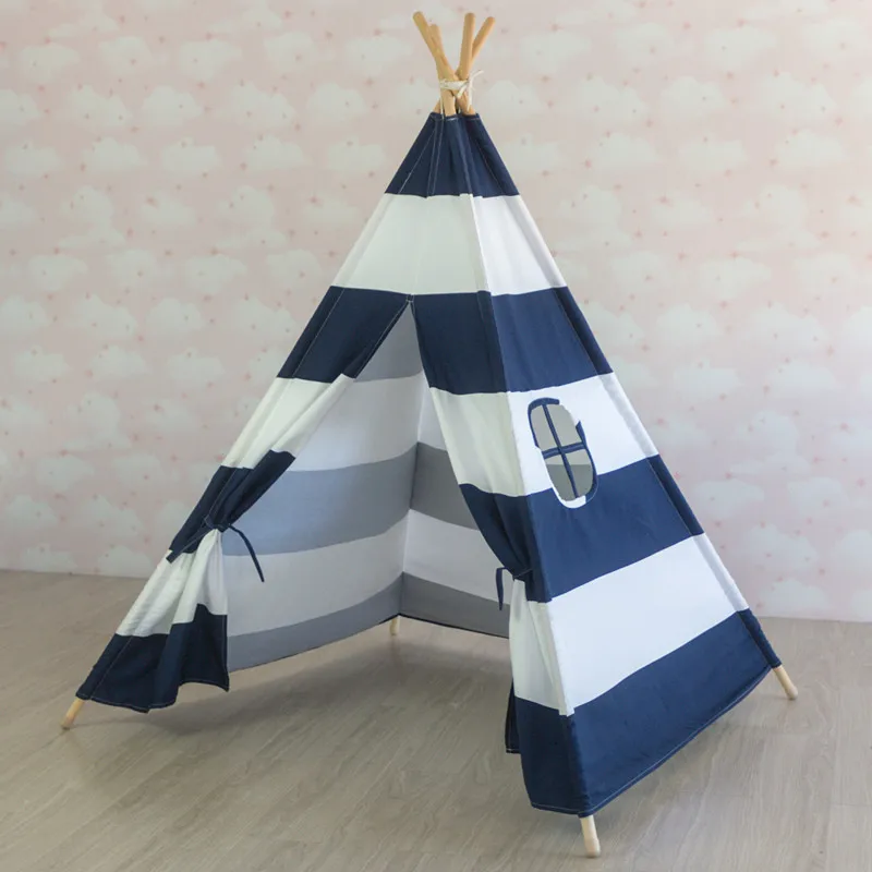 Navy Striped Большая Брезентовая вигвама-палатка для детей, вигвама Типи с серыми помпонами, индийская Игровая палатка для дома, Детская Типи-футболка, палатка без коврика ZP050 - Цвет: Navy Striped