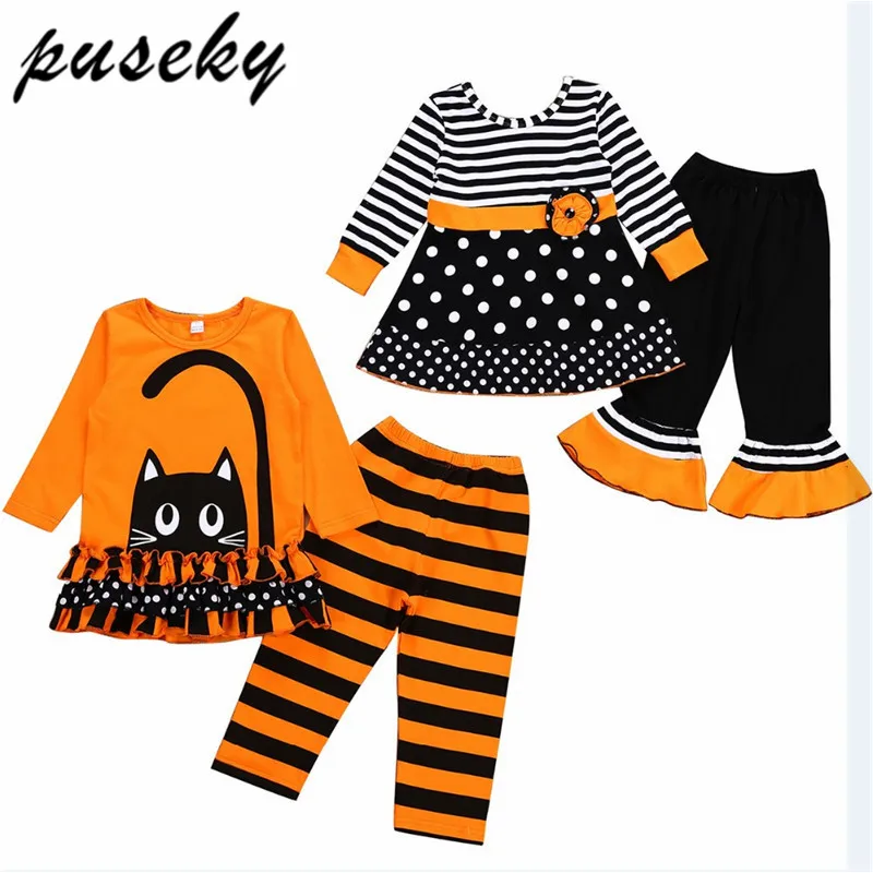 

Toddler Baby Girls Halloween Clothes Long Sleeve Cat Print T-shirt+Striped Pants Outfit Set Fall Winter Boutique Clothing