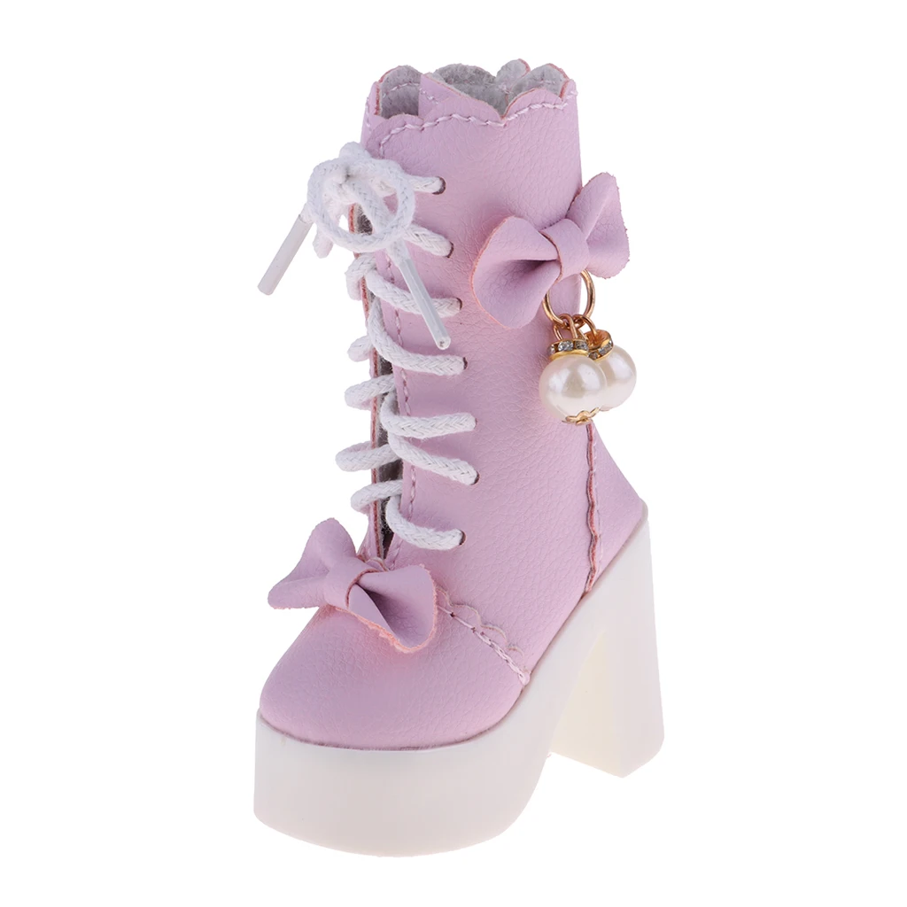 Handmade PU Leather Shoes Lace-up High Heeled Shoes for 1/3 BJD Dolls for 60cm Night Lolita Dolls (Pink)