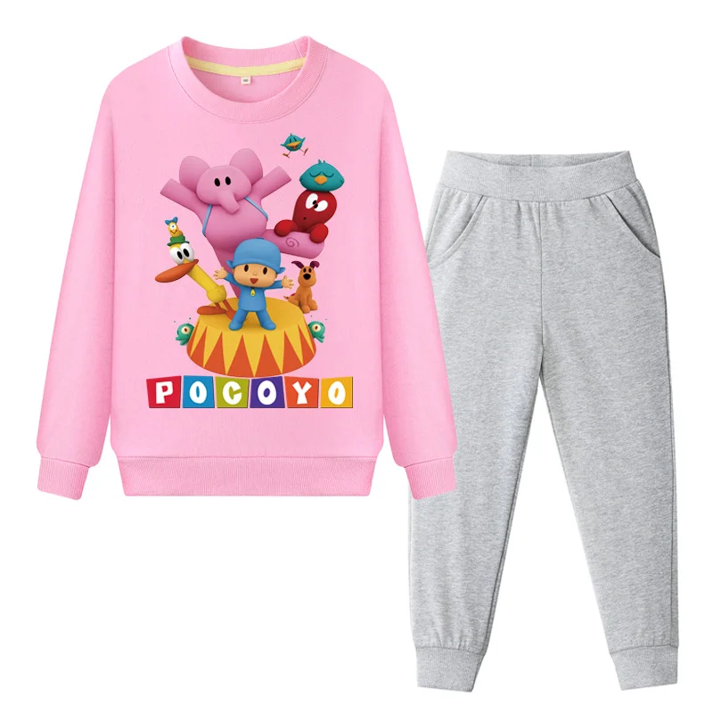 Cena Dziecko 100% ubrania bawełniane garnitur chłopcy Pocoyo kolorowe bluza kostium zestaw dziewczyny odzież ustawia dzieci dres bluzy z kapturem dla dzieci zestaw TZ050