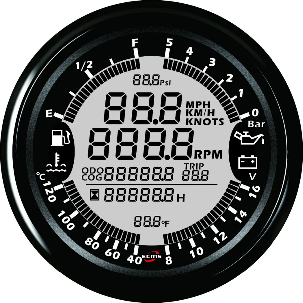 Marine Boat Car Digital Multifunction Gauge 6 12V 85mm 10Bar 316L Black