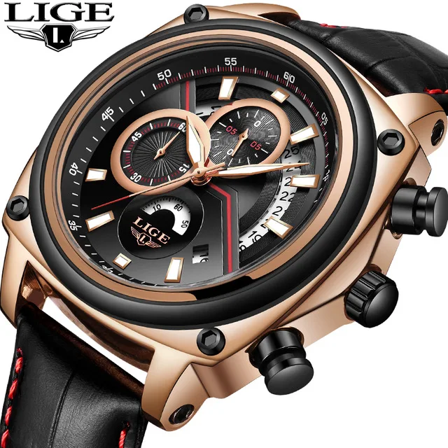 

2018 LIGE Brand Men's Fashion Casual Sport Watches Men 30M Waterproof Leather Quartz Watch Man Military Clock Relogio Masculino