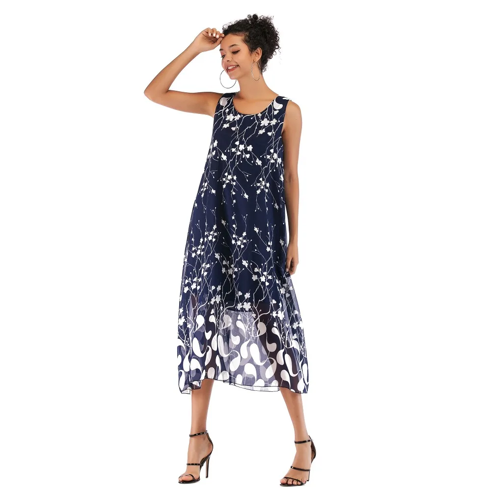Лето 2019 модное летнее шифоновое платье Boho пляжное длинное без рукавов вечерние