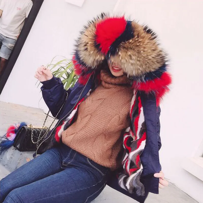 

Large Real Natural Raccoon Fur 2017 New Real Fur Coat Bomber Jacket Winter Jacket Women Natural Mink Fur Liner Thick Warm Parkas