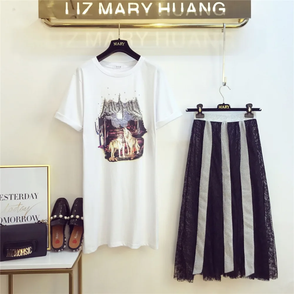 

Women's Sets Short Sleeves Printed Pattern Longer T-Shirts Dress+Striped Lace Crochet High Waist Midi Skirts 2-pieces Sets