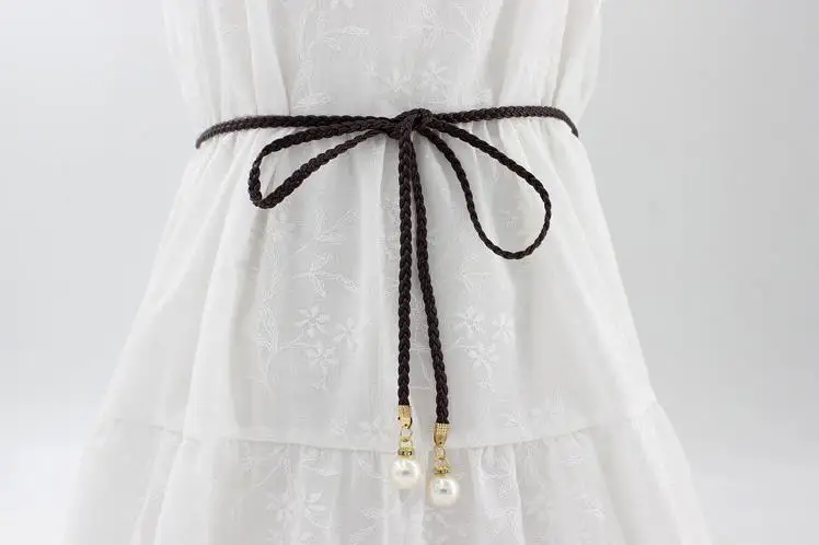 Женская модная цепь на талию платье плетение веревка для женщин украшенный маленький жемчуг узкий пояс платья пояс с кисточками украшенный узел